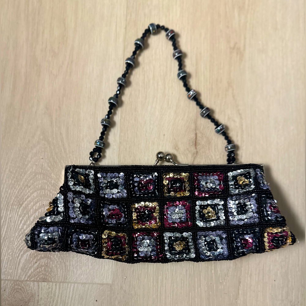 Women’s Multicolor Sequin Embellished Mosaic Purse w/ Beaded Strap